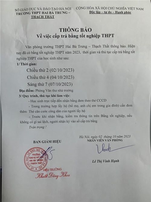 Thông báo về việc cấp trả bằng tốt nghiệp thpt