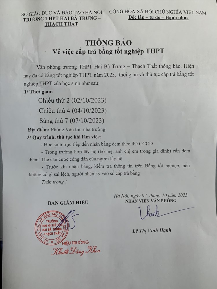 Thông báo về việc cấp trả bằng tốt nghiệp thpt