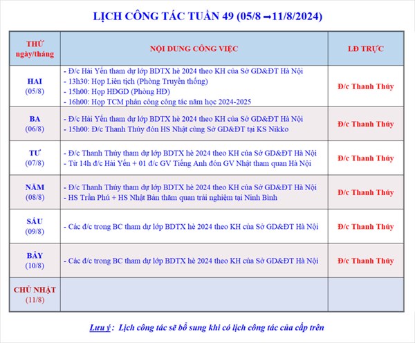 Lịch công tác tuần 49 - Năm học 2023-2024