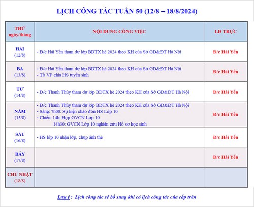 Lịch công tác tuần 50 - Năm học 2023-2024