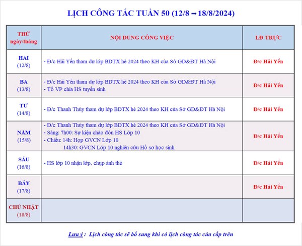 Lịch công tác tuần 50 - Năm học 2023-2024