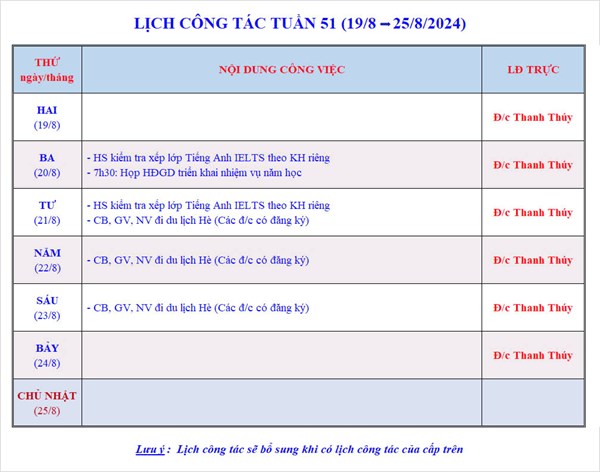 Lịch công tác tuần 51 - Năm học 2023-2024