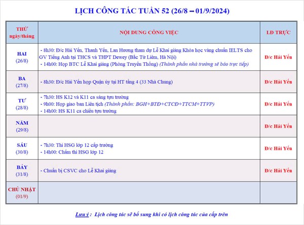 Lịch công tác tuần 52 - Năm học 2023-2024