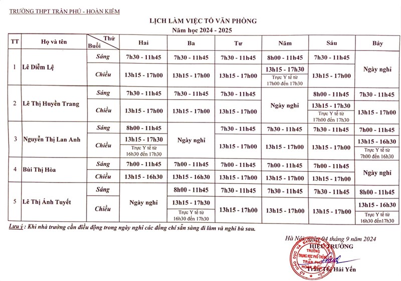 Lịch làm việc tổ Văn phòng