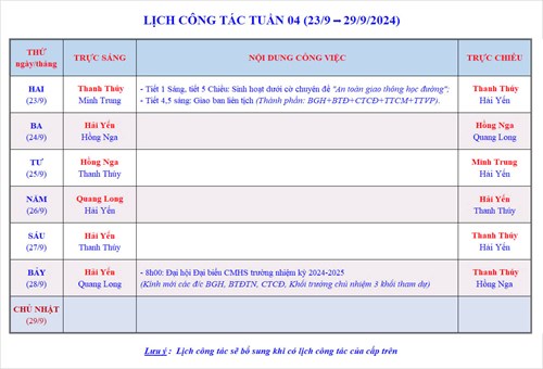 Lịch công tác tuần 4 - Năm học 2024-2025