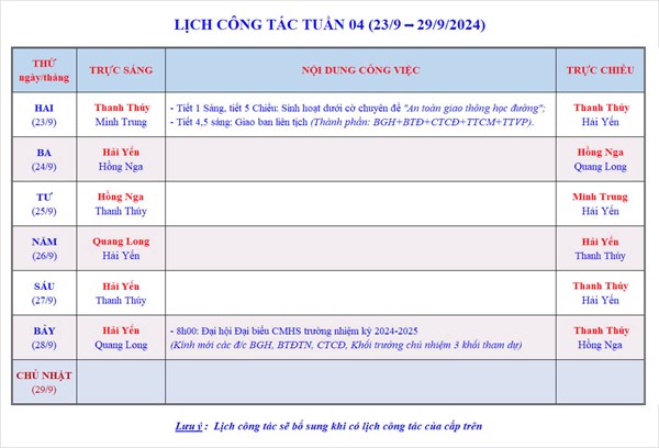 Lịch công tác tuần 4 - Năm học 2024-2025