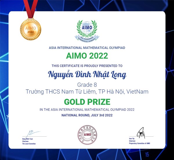 HS trường THCS Nam Từ Liêm dành 1 HC Vàng và 2 HC Bạc tại Vòng Chung kết toàn quốc Đấu trường toán học châu Á - AIMO 2022