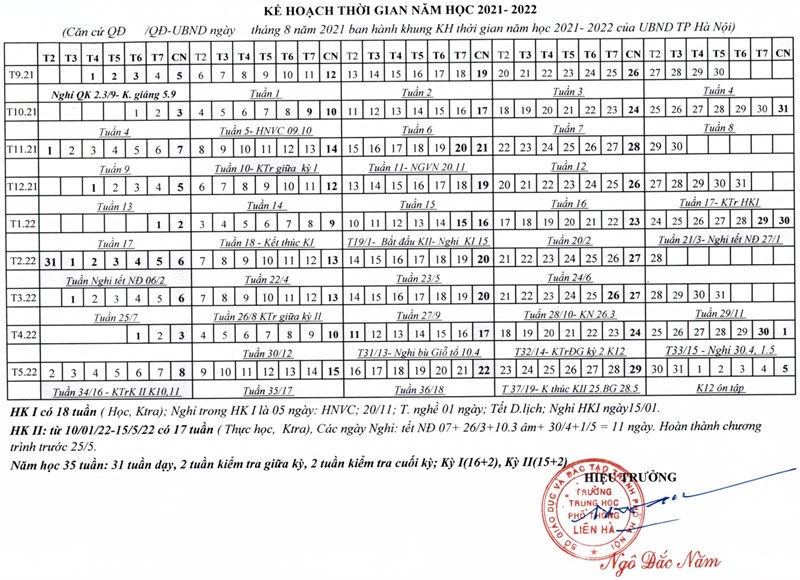 Biên chế thời gian năm học 2021-2022