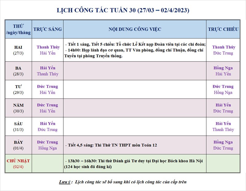 Lịch công tác tuần 30