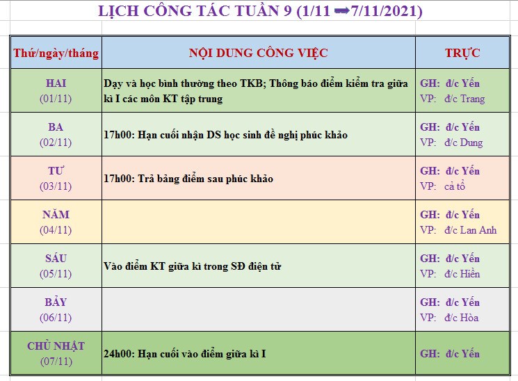Lịch công tác tuần 09 (01/11 - 07/11/2021)