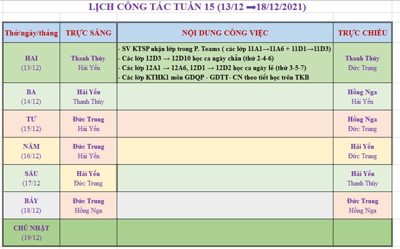 Lịch công tác tuần 15 (13/12-18/12/2021)