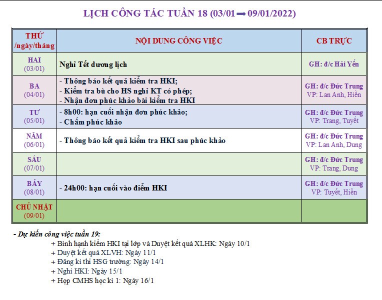 Lịch công tác tuần 18 (03/01-09/01/2022)