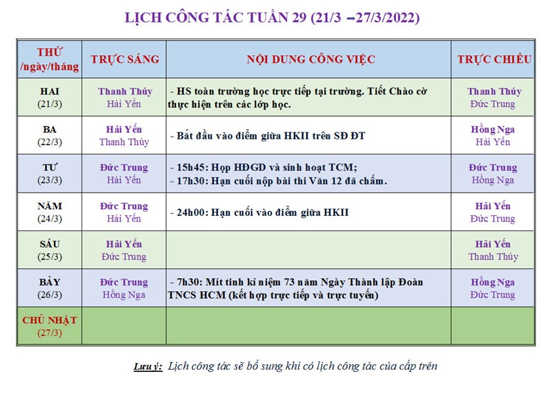 Lịch công tác tuần 29 (21/03 - 27/03/2022)