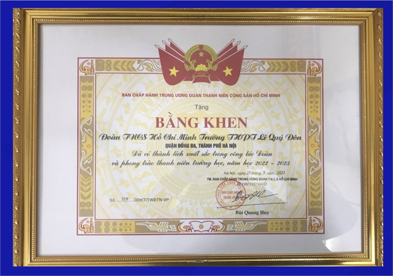 Chúc mừng thành tích xuất sắc của Đoàn TNCS Hồ Chí Minh trường THPT Lê Quý Đôn - Đống Đa trong công tác Đoàn và phong trào thanh niên năm học 2022-2023!
