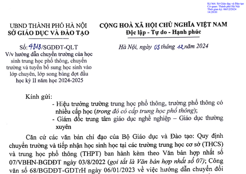 Hướng dẫn chuyển trường của học sinh THPT, chuyển trường và tuyển bổ sung học sinh vào lớp chuyên, song bằng đợt đầu học kỳ II năm học 2024 - 2025