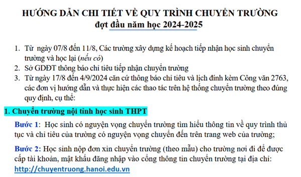 Hướng dẫn chi tiết về quy trình chuyển trường và Kế hoạch tiếp nhận học sinh chuyển trường, học lại đầu năm học 2024 - 2025