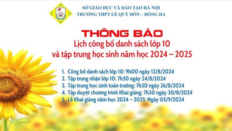 Thông báo Lịch công bố danh sách lớp 10 và tập trung học sinh năm học 2024 - 2025