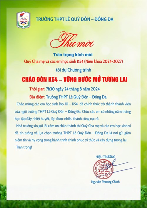 Thư mời dự chương trình  Chào đón K54 - Vững bước mở tương lai 