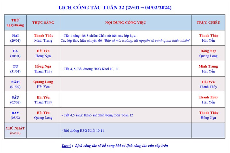 Lịch công tác tuần 22 - Năm học 2023-2024