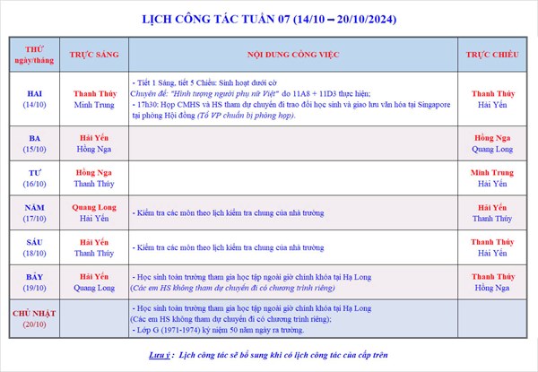 Lịch công tác tuần 7 - Năm học 2024-2025