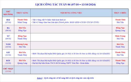 Lịch công tác tuần 6 - Năm học 2024-2025