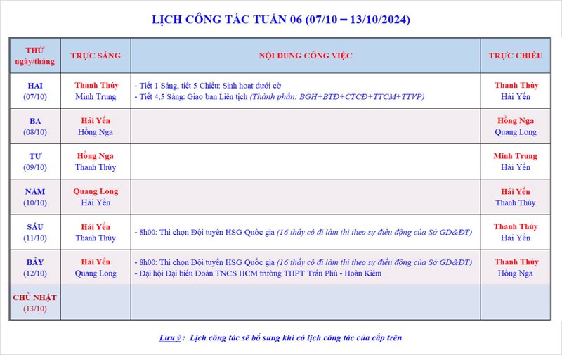 Lịch công tác tuần 6 - Năm học 2024-2025