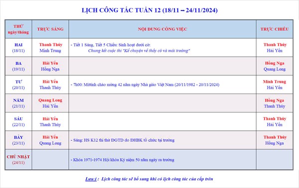 Lịch công tác tuần 12 - Năm học 2024-2025