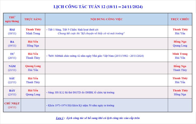 Lịch công tác tuần 12 - Năm học 2024-2025