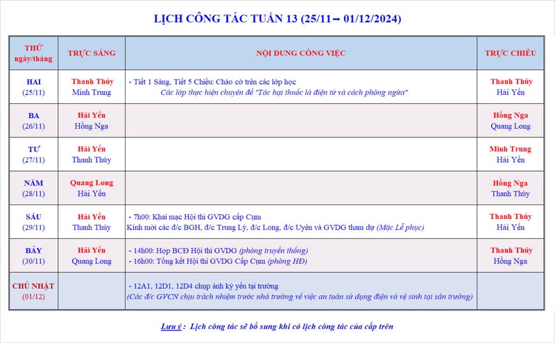 Lịch công tác tuần 13 - Năm học 2024-2025