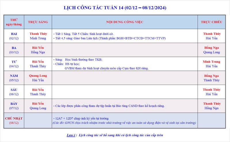 Lịch công tác tuần 14 - Năm học 2024-2025