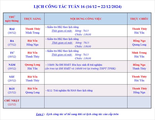 Lịch công tác tuần 16 - Năm học 2024-2025