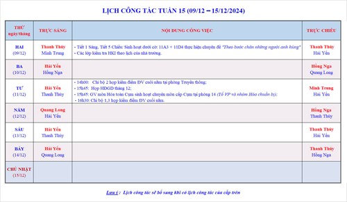 Lịch công tác tuần 15 - Năm học 2024-2025