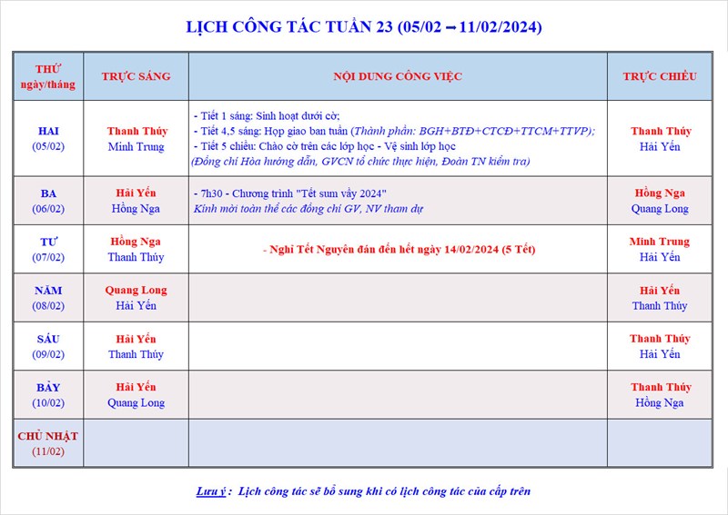 Lịch công tác tuần 23 - Năm học 2023-2024