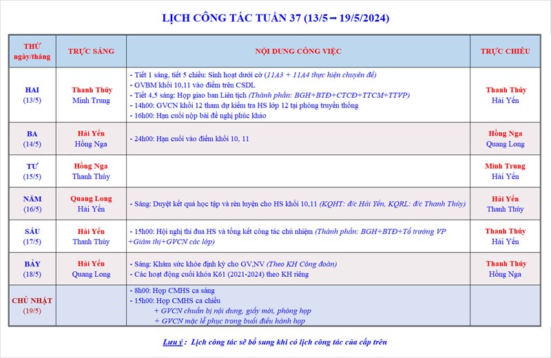 Lịch công tác tuần 37 - Năm học 2023-2024