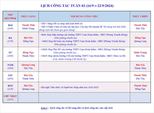 Lịch công tác tuần 3 - Năm học 2024-2025