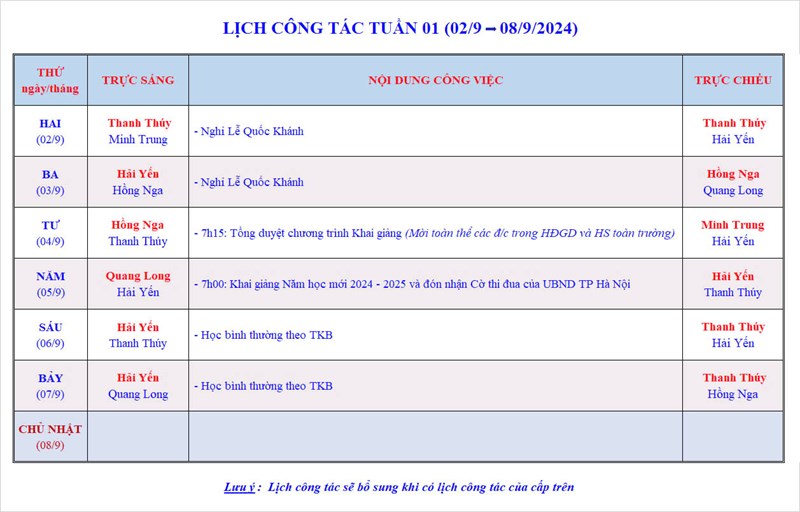 Lịch công tác tuần 1 - Năm học 2024-2025