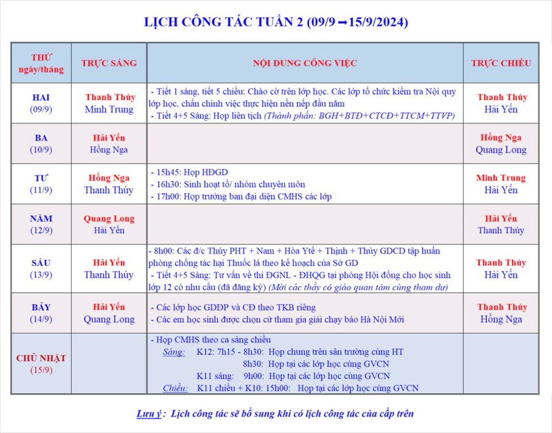 Lịch công tác tuần 2 - Năm học 2024-2025