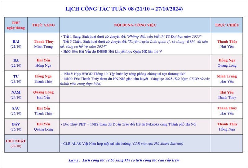 Lịch công tác tuần 8 - Năm học 2024-2025