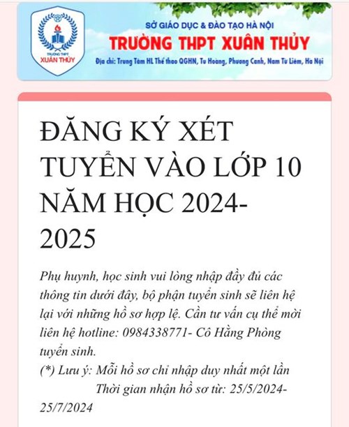 Đăng ký xét tuyển vào lớp 10 năm học 2024-2025- trực tuyến