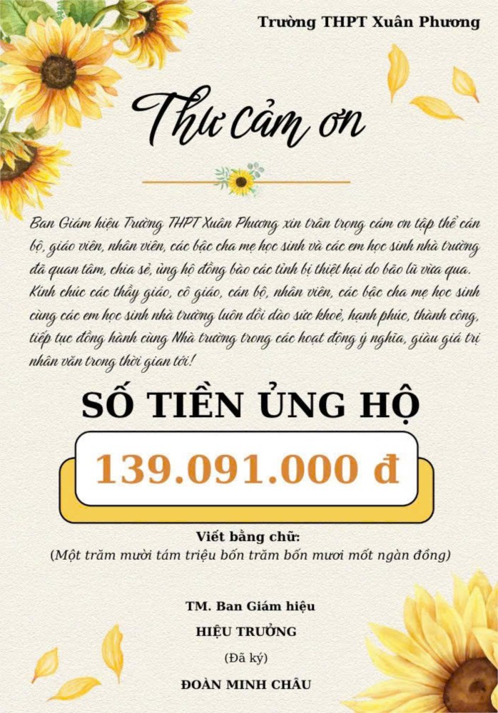 Thư cảm ơn của trường THPT Xuân Phương về Hoạt động Ủng hộ đồng bào bị lũ lụt miền Trung năm 2025