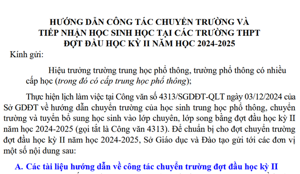 Hướng dẫn công tác chuyển trường và tiếp nhận học sinh học tại các trường THPT đợt đầu học kỳ II năm học 2024 - 2025