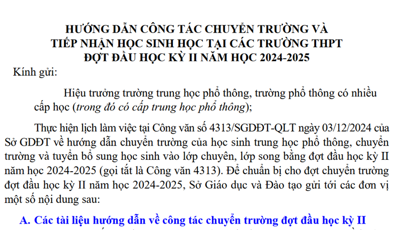 Hướng dẫn công tác chuyển trường và tiếp nhận học sinh học tại các trường THPT đợt đầu học kỳ II năm học 2024 - 2025