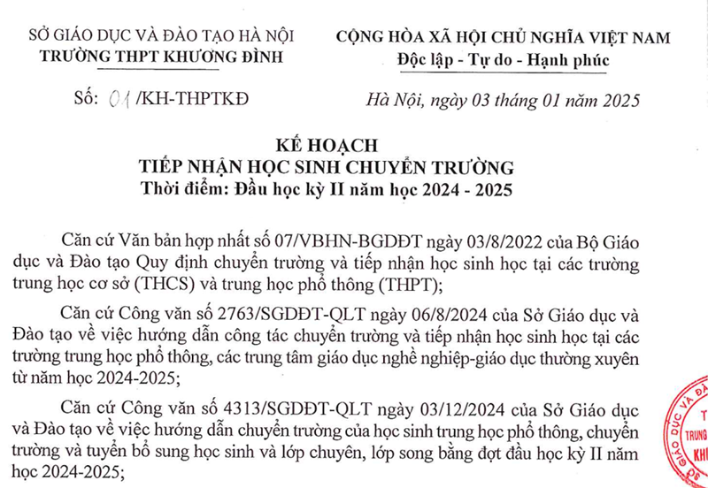 Kế hoạch tiếp nhận học sinh chuyển trường; thời điểm đầu học kỳ II năm học 2024 - 2025