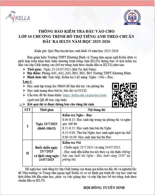 Thông báo kiểm tra đầu vào cho lớp 10 chương trình bổ trợ tiếng anh theo chuẩn đầu ra IELTS năm học 2025 - 2026