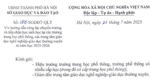 Hướng dẫn công tác chuyển trường THPT và tiếp nhận học sinh năm học 2025 - 2026