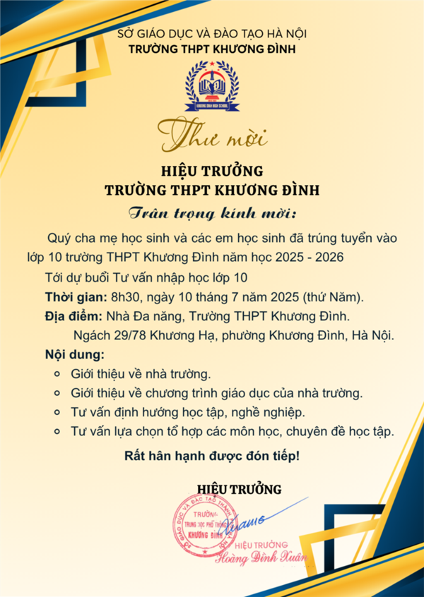 Thư mời tư vấn nhập học lớp 10 năm học 2025 - 2026