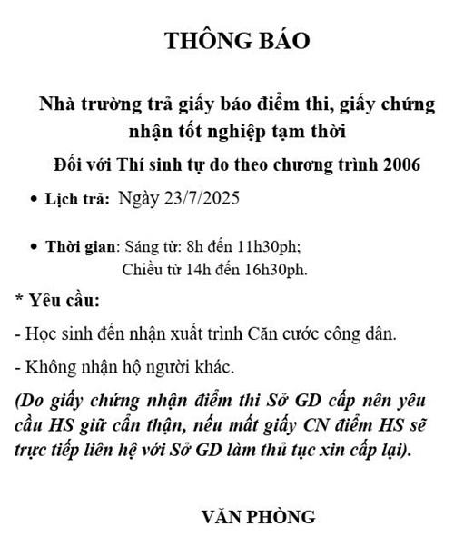 Thông báo lịch trả phiếu điểm và giấy chứng nhận tốt nghiệp tạm thời năm 2025