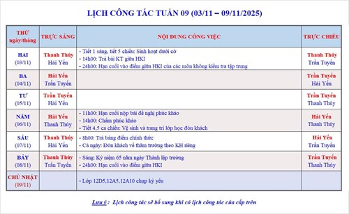 Lịch công tác tuần 9 - Năm học 2025-2026