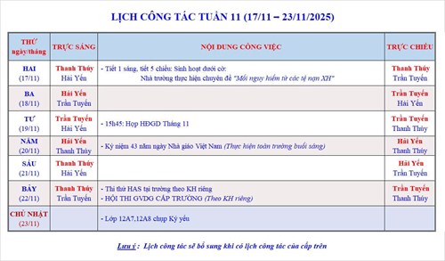 Lịch công tác tuần 11 - Năm học 2025-2026