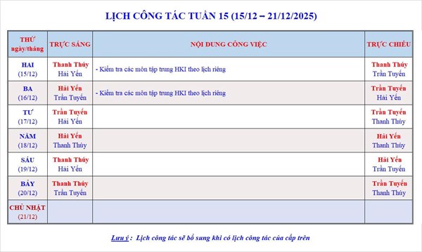 Lịch công tác tuần 15 - Năm học 2025-2026